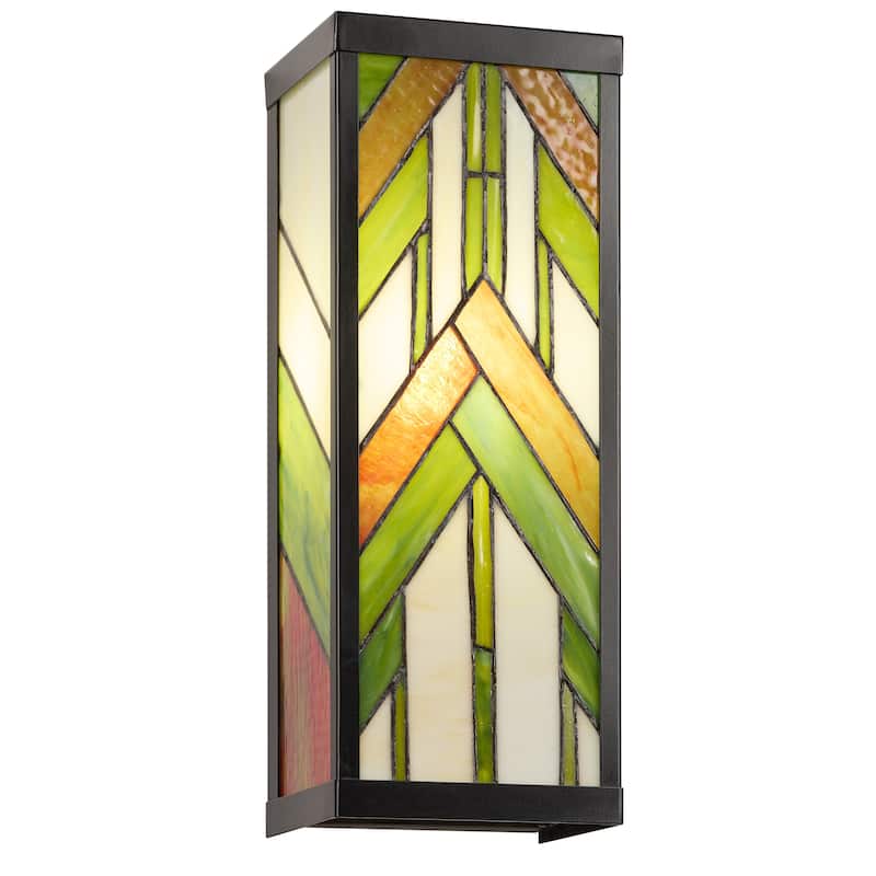 River of Goods Green Stained Glass and Black Satin Rectangular 1-Light Outdoor Wall Sconce - 6.25" x 5.5" x 16.25"