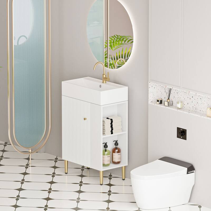 Compact White Bathroom Vanity with Ceramic Sink, Soft-Closing Cabinet, and Brushed Copper Accents for Small Spaces