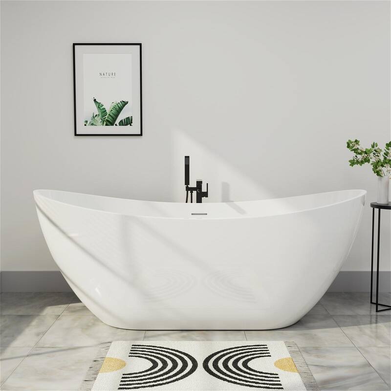Mokleba 67" Freestanding Acrylic Bathtub Modern Stand Soaking Tub with Overflow & Polished Chrome Pop-up Drain