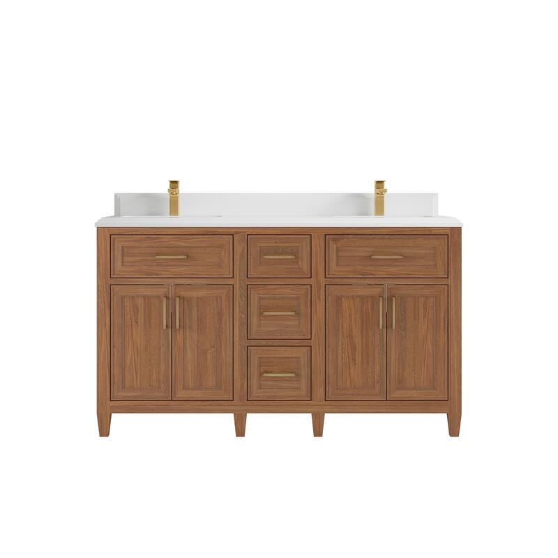 Willow Collections 60 in. W x 22 in. D Santa Monica Teak Double Sink Bathroom Vanity with Countertop - 1.5”White Quartz - Dark Natural