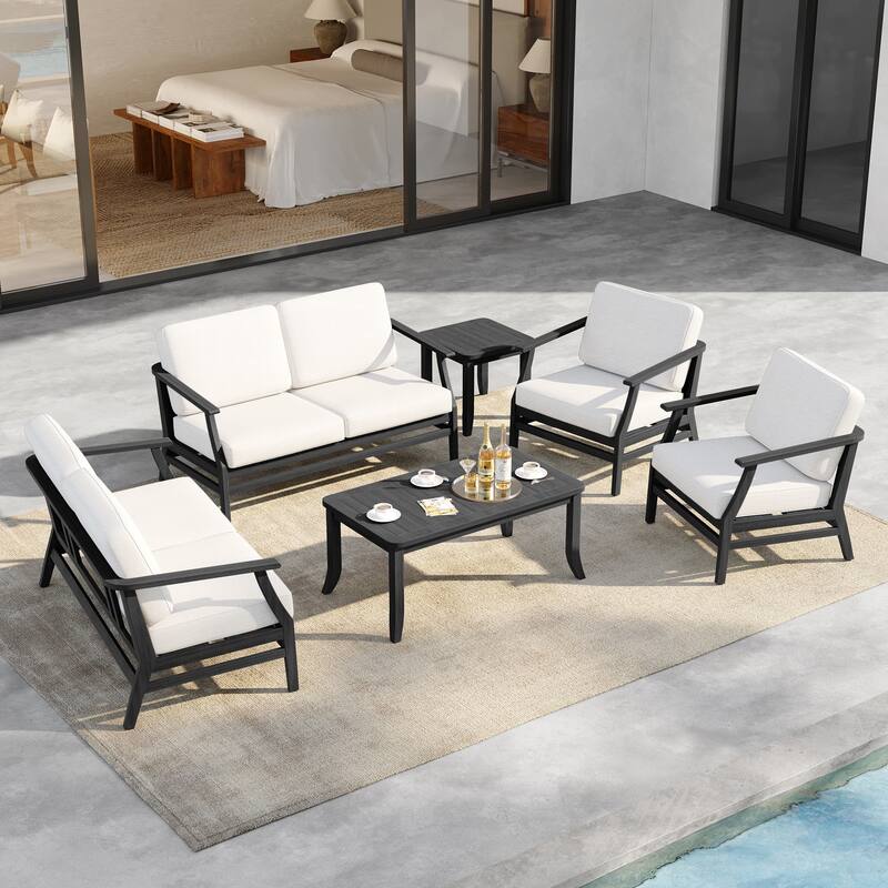 6-Seat Outdoor Teak Wood Patio Conversation Set with Cushions Tables