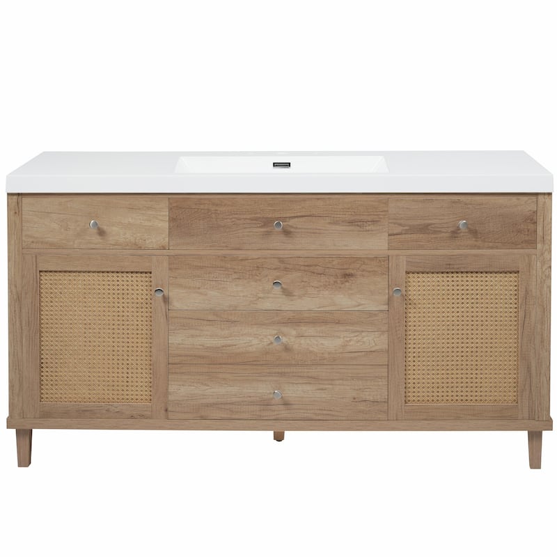 60" Bathroom Vanity with SMC Sink - Modern Large Storage Cabinet with Soft Close Drawers and Rattan Doors