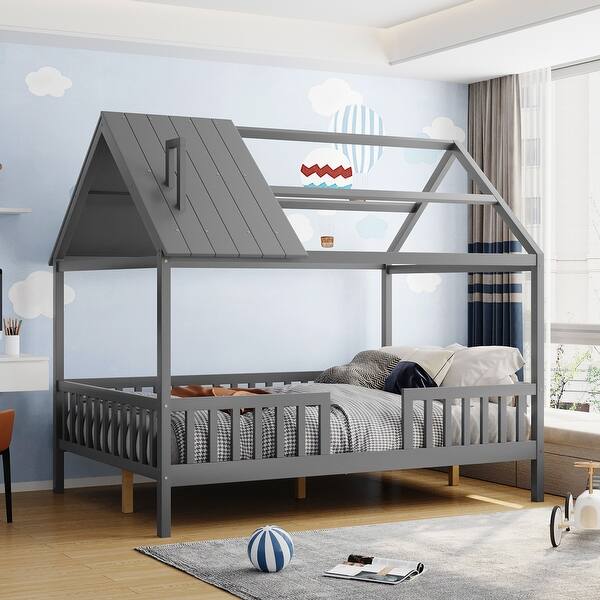 slide 2 of 39, Gray Full Wooden House Bed with Fence, Roof, and 300 lb Capacity Gray