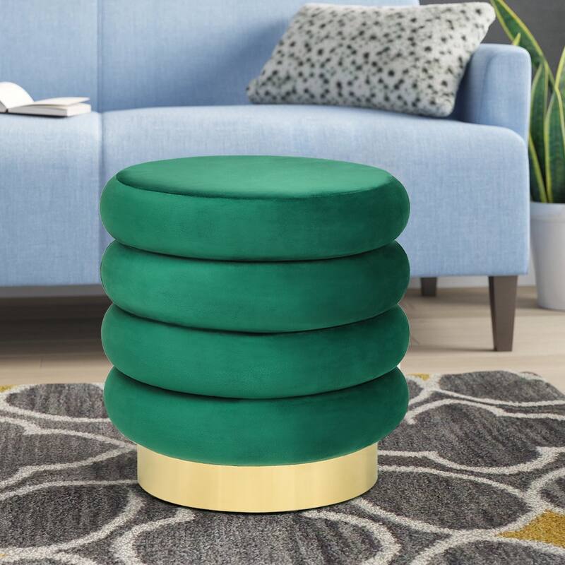 Adeco Round Storage Ottoman with Removable Lid, Vanity Velvet Footrest - Green