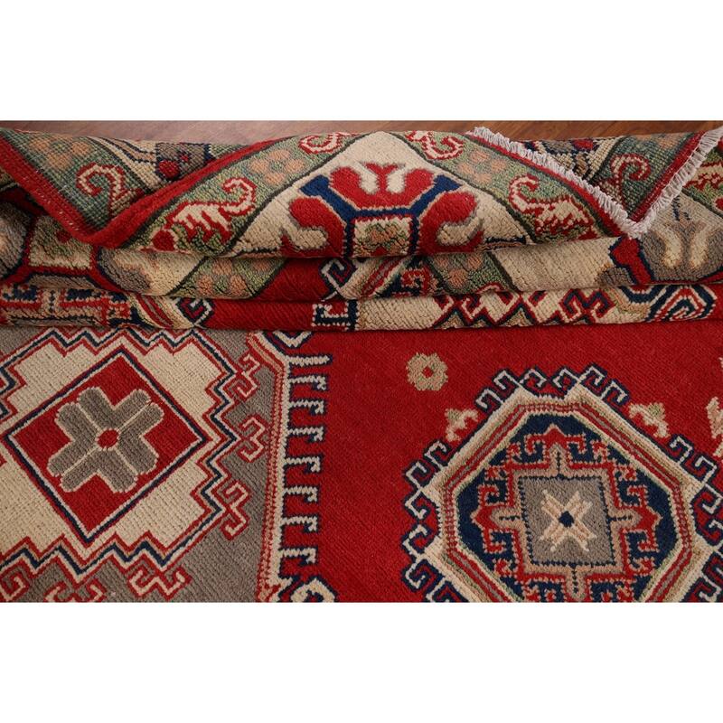 Geometric Kazak Rug Hand-Knotted Bedroom Red Wool Carpet - 5'9" x 7'7"