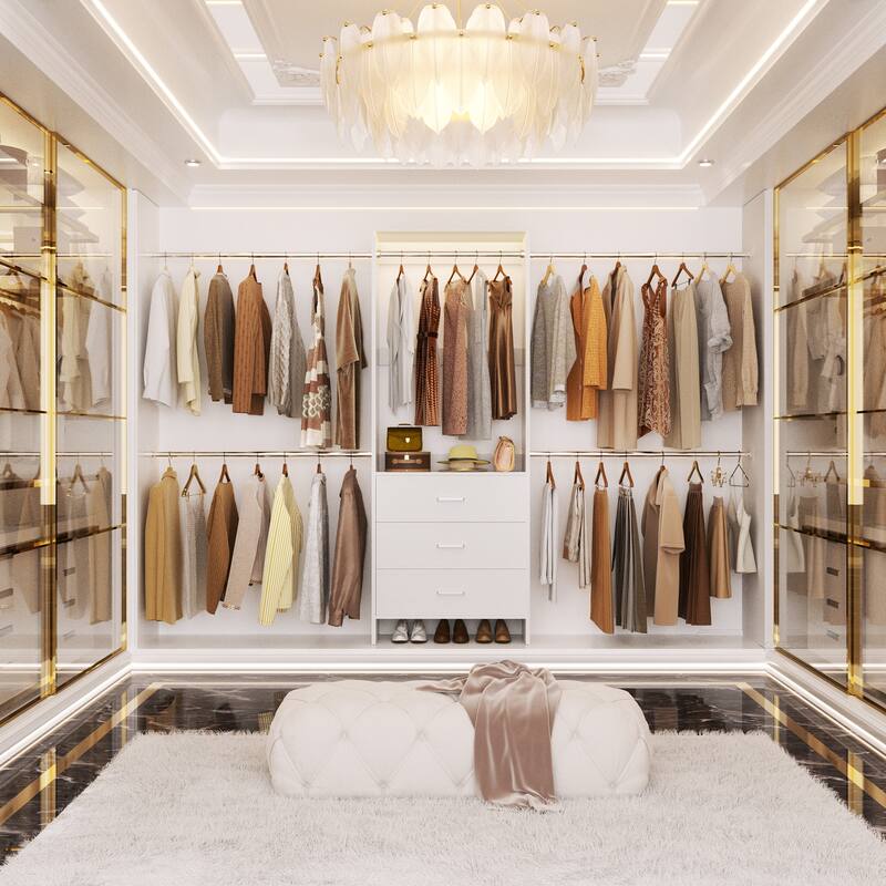 Cimly 118'' Closet Organizer with 3 Wooden Drawers, Adjustable Closet System with 5 Hanging Rods