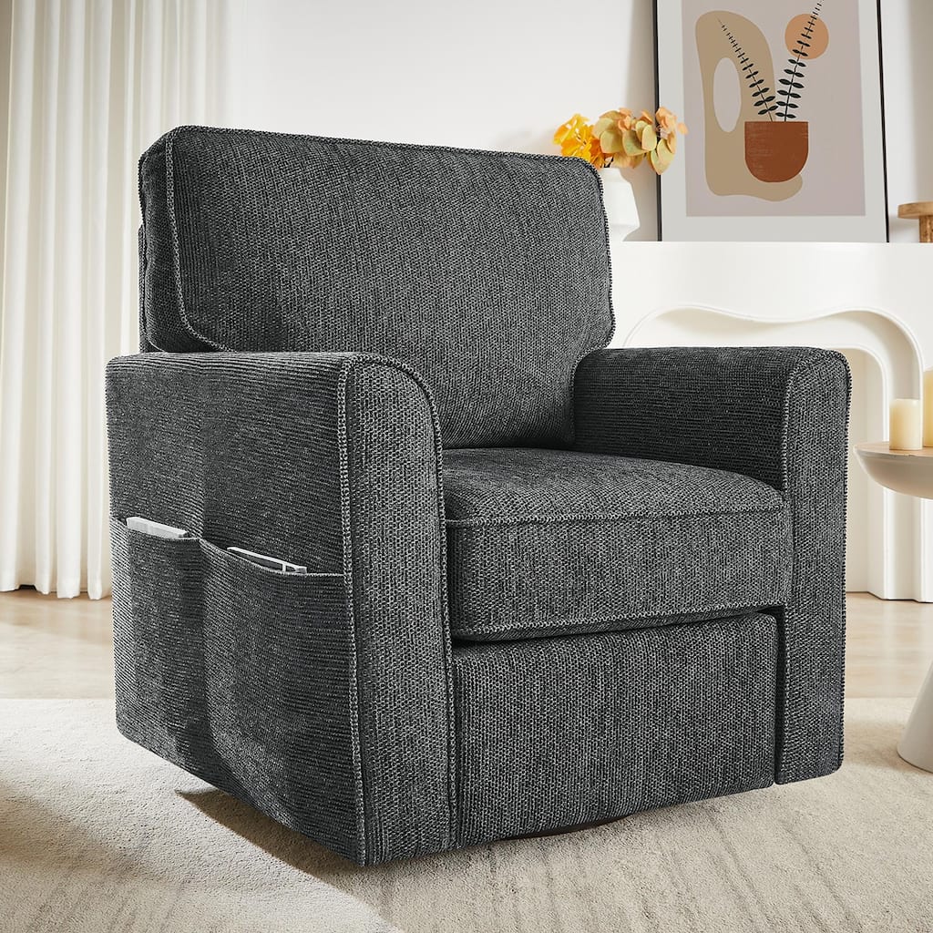 360-Degree Swivel Accent Chair w/Storage Pockets，Chenille Upholstery Barrel Accent Chair