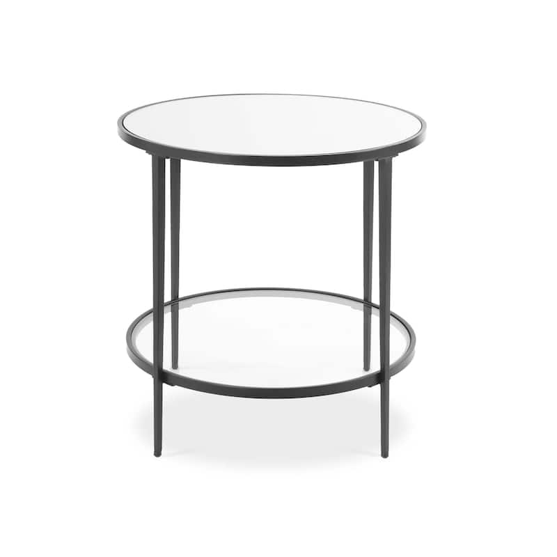 Lify Side End Table, 24 Inch Round Mirrored Top, Open Shelf, Black
