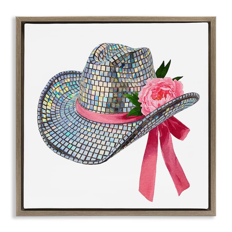 Stupell Chic Bow on Disco Hat Framed Floater Canvas Wall Art Design By Amanda Greenwood - 18 x 18 - Brown