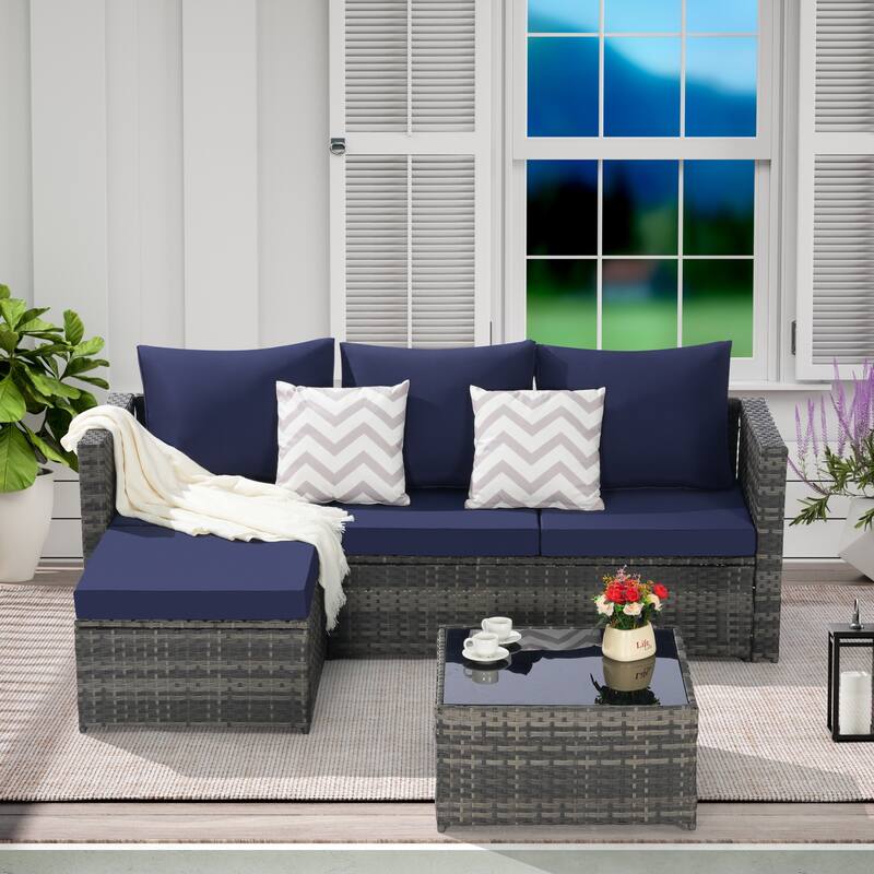 Wicker Conversation Set with Ottoman and Detachable Lounger, 2 Pieces Sectional Sleeper Couches for Backyard Poolside