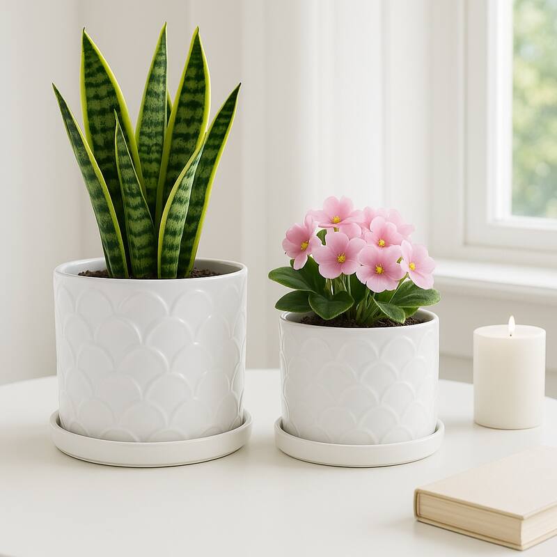 Ceramic Scallop Embossed Planters - Set of 2, 12",10", White - 11.75"