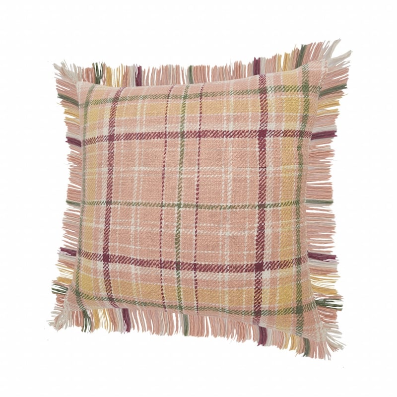 HomeRoots 20" X 20" Pink Berry Green And Yellow 100% Cotton Plaid Zippered Pillow