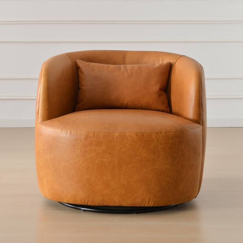 KINWELL 100% Top Grain Genuine Leather Swivel Armchair with Pillow