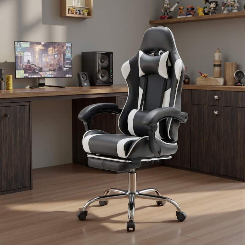 Ergonomic Faux Leather High Back Gaming Chair with Footrest & Linkage Armrests – Black & Gray for Adults