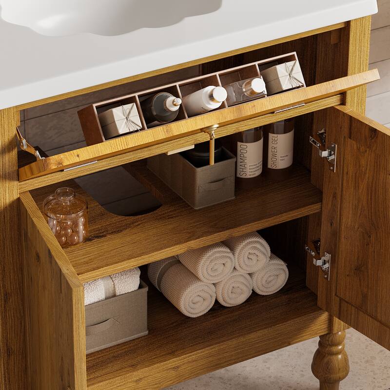 Christopher Knight Home - Jin 30-Inch Walnut Bathroom Vanity: Seashell Resin Sink & Flip-Up Storage