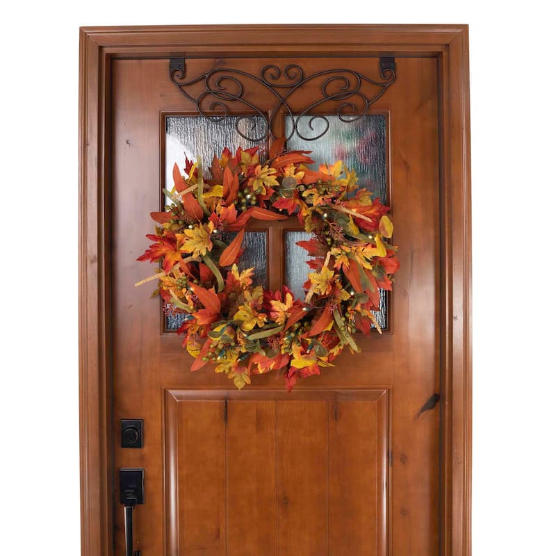 24 in. Holiday Wreath with Lights - Fall Harvest Leaf - 30 Inch