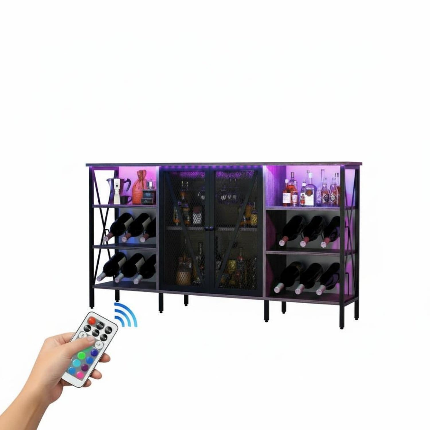 Garvee Wine Bar Cabinet 55.12 x 13.78 x 30.31", Wine Rack & Glass Holder, USB LED Light
