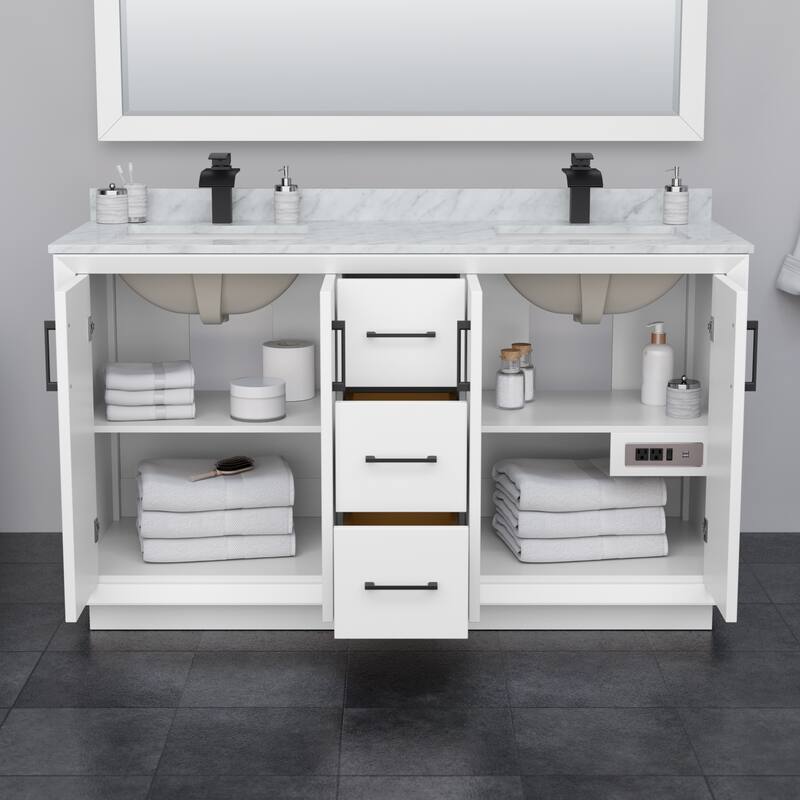 Strada 60-Inch Double Vanity Set, Carrara Marble Top, 58-Inch Mirror