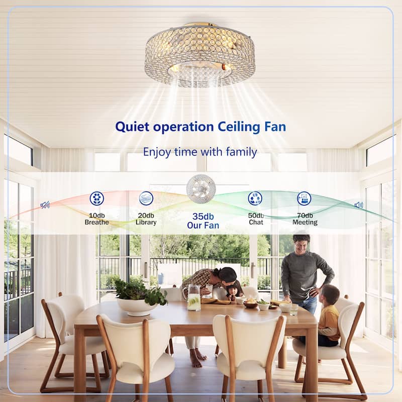 19.6'' Crystal Ceiling Fans with Remote, Flush Mount Ceiling Fan with Light, Chandelier Fan 6 Speed DC Motor Reversible