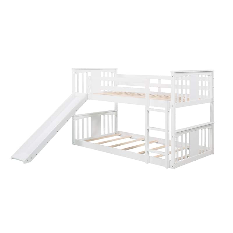 White Twin over Twin Solid Wood Bunk Bed with Ladder, Slide, and Fence for Kids