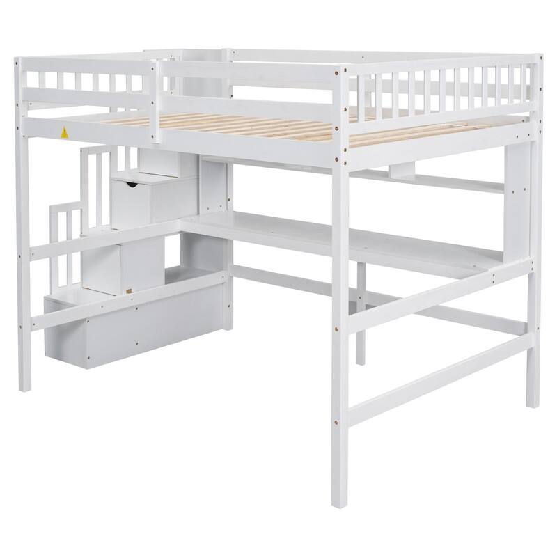 Wood Loft Bed with Built-in Desk,Bookshelves and Storage Staircase,Full Size