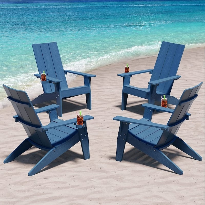WINSOON All Weather HIPS Outdoor Cup Holder Adirondack Chairs Set of 4 - Navy x 4