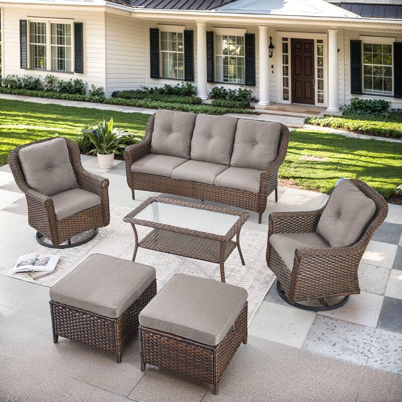 Pocassy Wicker Patio Conversation Set for Backyard - Grey Cushion - 6PCS Sofa with Swivel Chair Table Ottoman