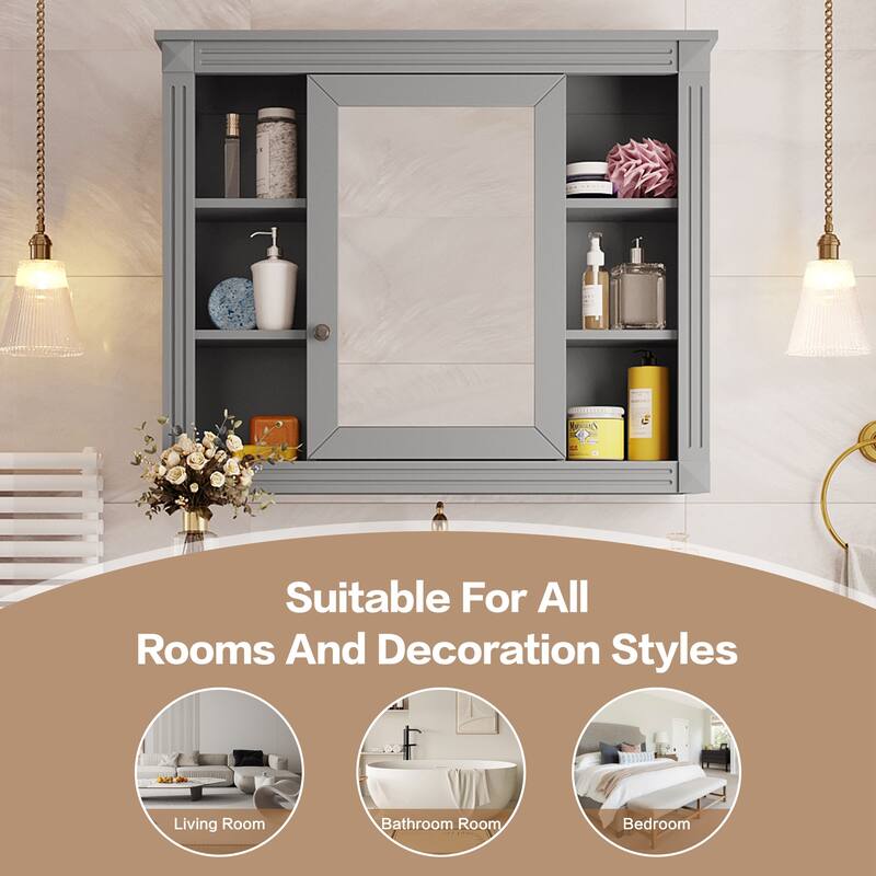 Mirror Cabinet with 6 Open Shelves, 35'' x 28'' Wall Mounted Bathroom Storage Cabinet, Grey