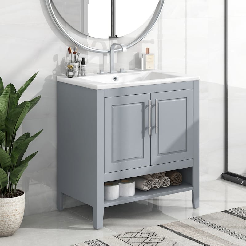 30 Inch Freestanding Bathroom Vanity Set with Ceramic Sink and Doors
