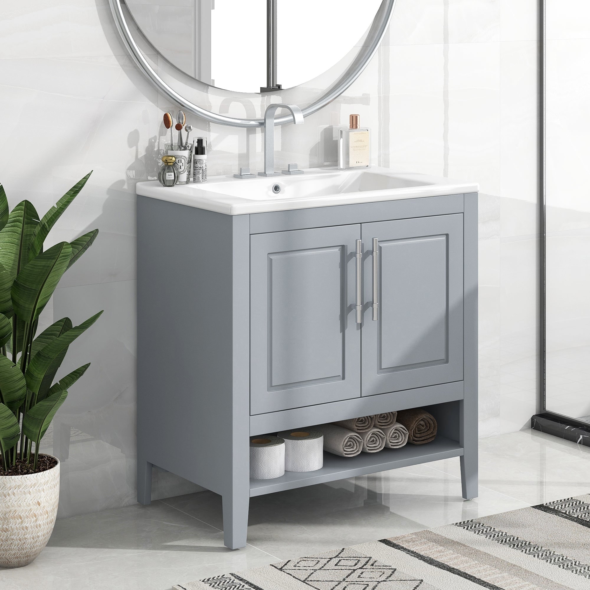 30 Inch Freestanding Bathroom Vanity Set with Ceramic Sink and Doors