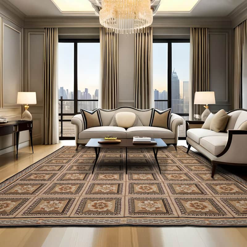 7'9''x10 Hand Woven Flatweave wool Beige French Aubusson Needlepoint Box Rug - 7' 9'' x 10' - 7' 9'' x 10'