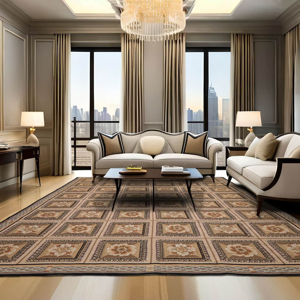 7'9''x10 Hand Woven Flatweave wool Beige French Aubusson Needlepoint Box Rug - 7' 9'' x 10'