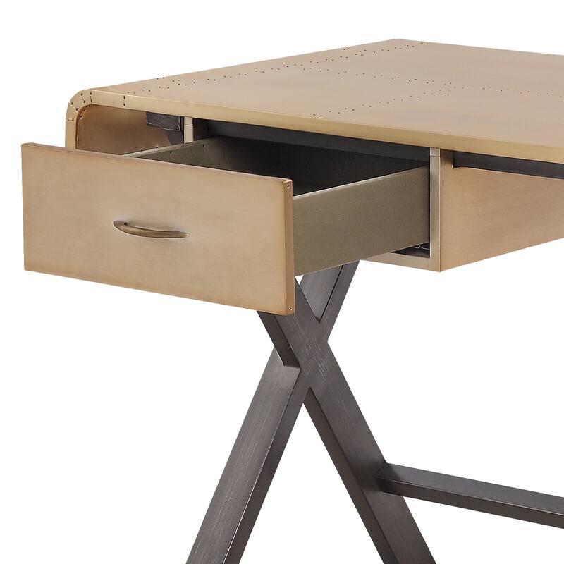 Modern Rectangular Writing Desk with Gold Aluminum Surface and Leather-Wrapped Legs for Stylish Office or Study Workspace