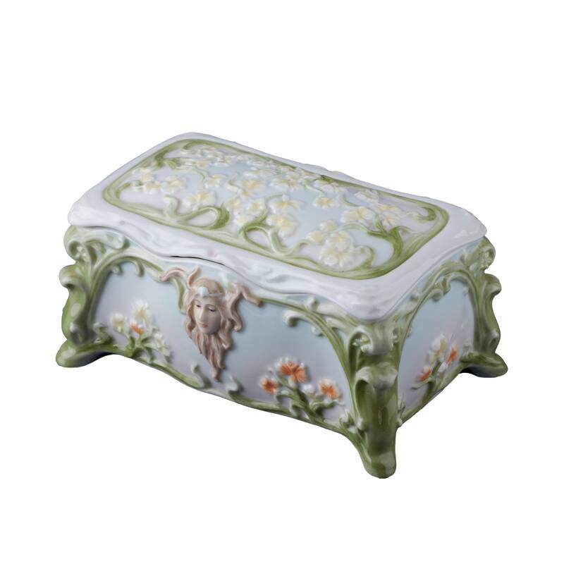 Charis 6.3" width LADY FACE WITH ORCHID TRINKET BOX multicolor Fine Porcelain