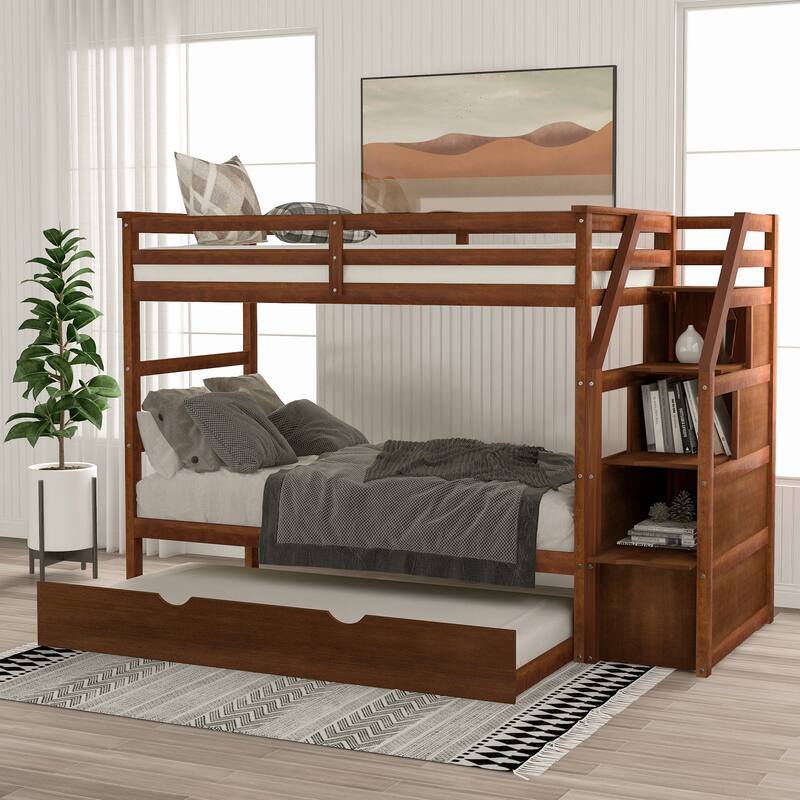 Bunk Bed with Trundle with Safety Guardrail and 3 Storage Stairs, Triple Bunk Multifunctional Space-Saving Solution for Bedroom