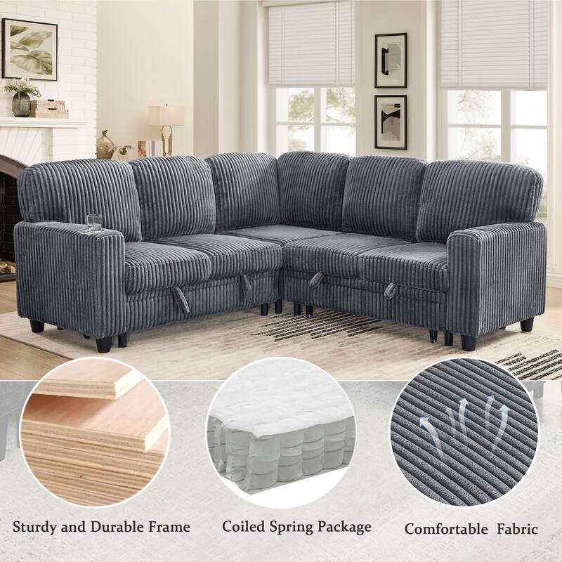 GDFStudio - Modern 5-Seat Sectional L-Shaped Sofa with Pull-Out Sleeper Bed, Storage, Cup Holder & USB Charging - 81"W