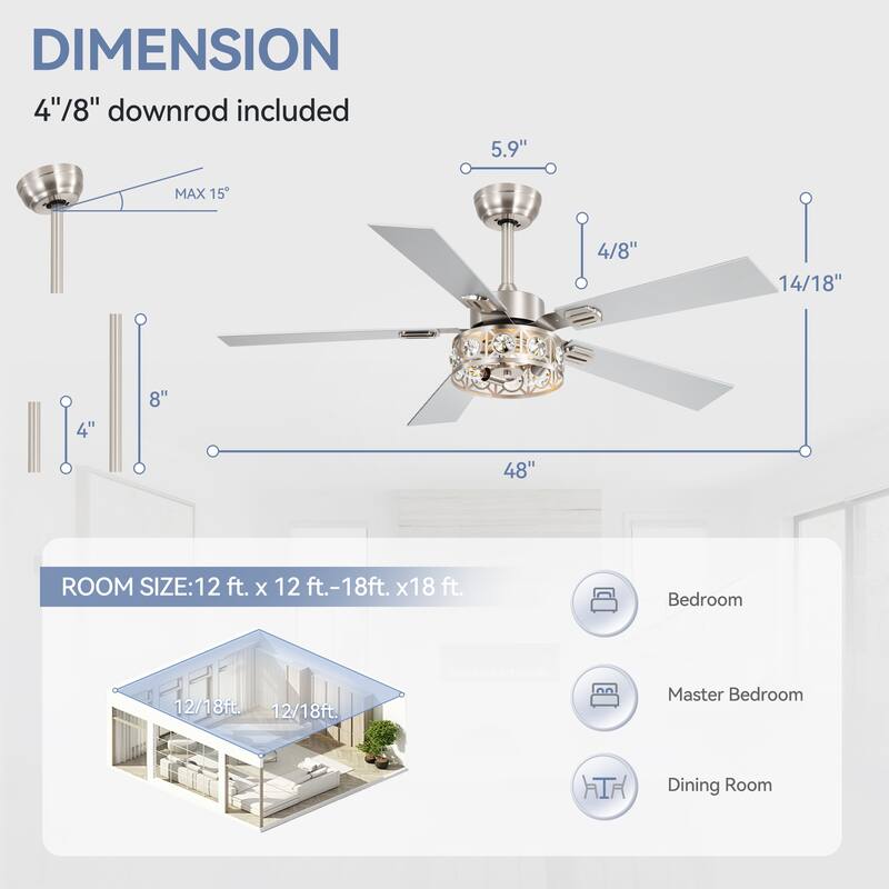 48" Wood 5-Blade Crystal Fandelier Ceiling Fan with Remote and Light