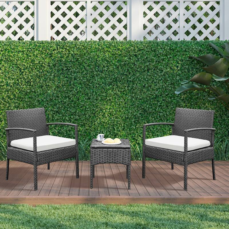 Outdoor Furniture 3 Piece Patio Bistro Furniture Set, Rattan Conversation Chairs Set with Side Table and Cushions