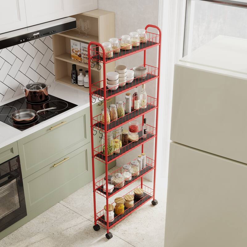 Red 6-Tier Rolling Cart Gap Kitchen Slim Slide Out Storage Tower Rack With Wheels(no include stool)