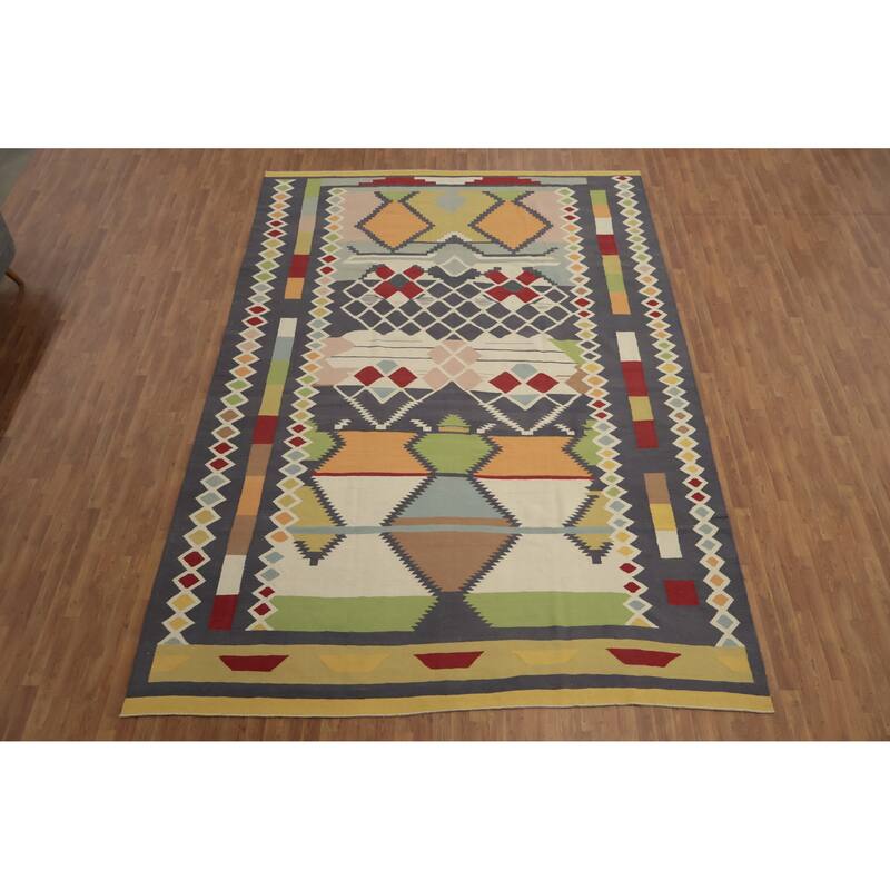 Hand Woven Oriental 100% Wool Carpet Southwestern Tribal Multi-Colored Kilim Area Rug - 14' 2'' X 9' 9''