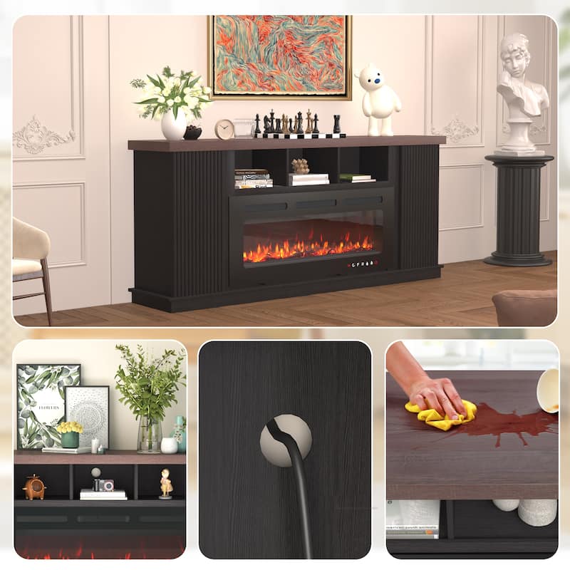 70" TV Stand for TVs up to 85" with Electric Fireplace, Vintage Double Door Cabinet, Dark Walnut, for Living Room & Bedroom