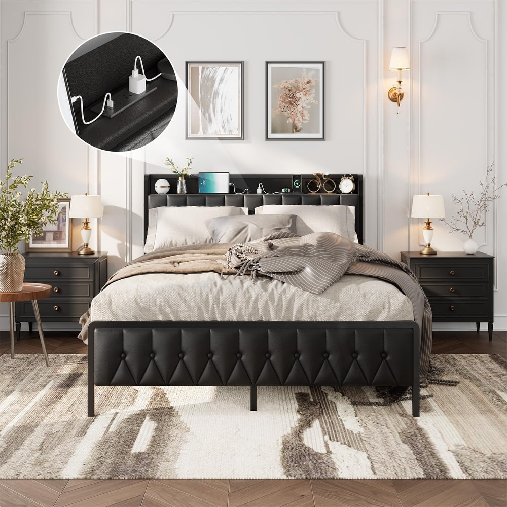 All-Metal Platform Bed Frame, with Button Headboard and Charging Station