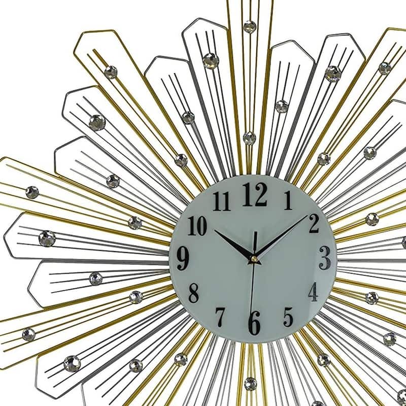 HomeRoots 27" Gold Silver And Metal And Faux Crystals Silent Analog Sunburst Wall Clock - 27.00 in. x 27.00 in. x 1.50 in.