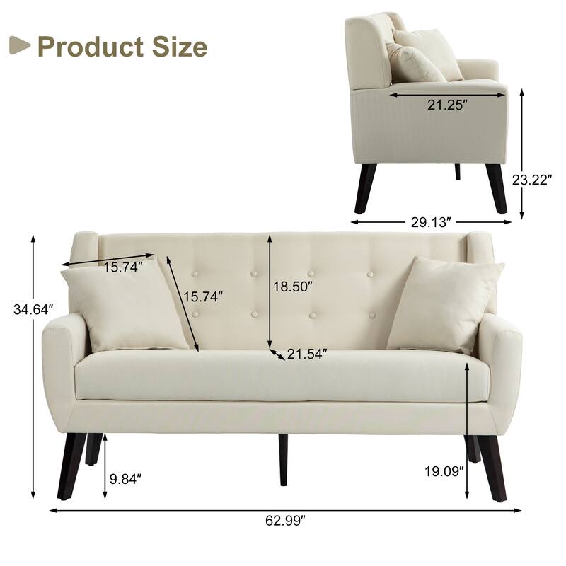 Mid-Century 63-Inch Linen Tufted Loveseat Sofa with Pillows