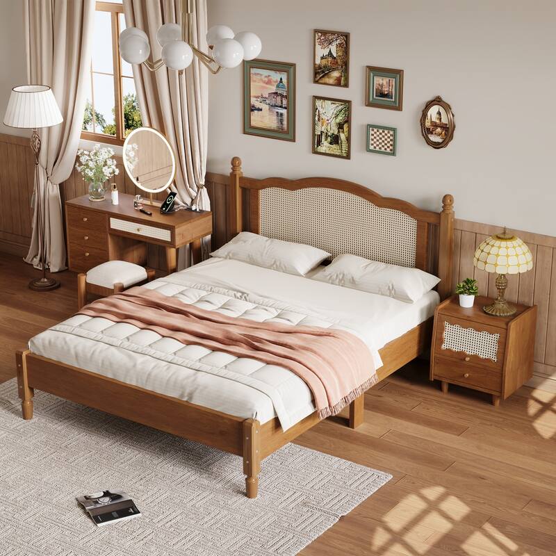 Wooden Platform Bed with Rattan Headboard Curved Wingback Bed Vintage Bed Frame Wood Slat Support Bed with Underbed Storage