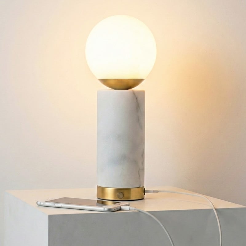 Brightech Aspen 14.5 in. Marble Mid-Century Modern Integrated LED Bedside Table Lamp with Built-In 3-Way Dimmer