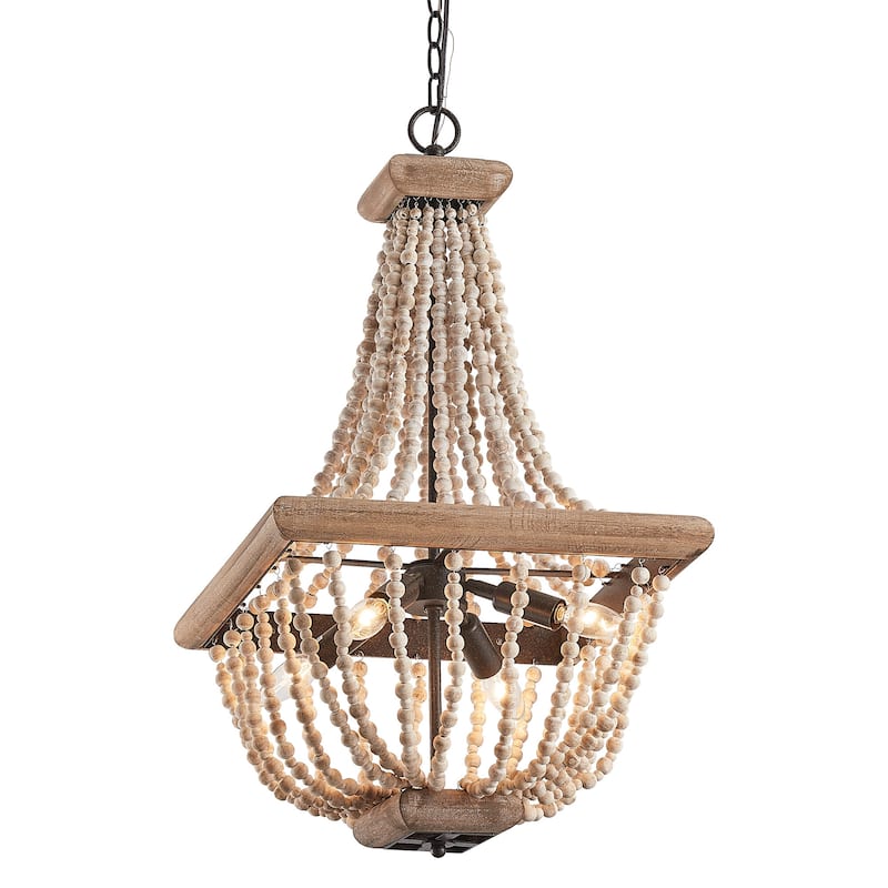 Farmhouse Aged Wooden Beaded 4-Light Chandelier