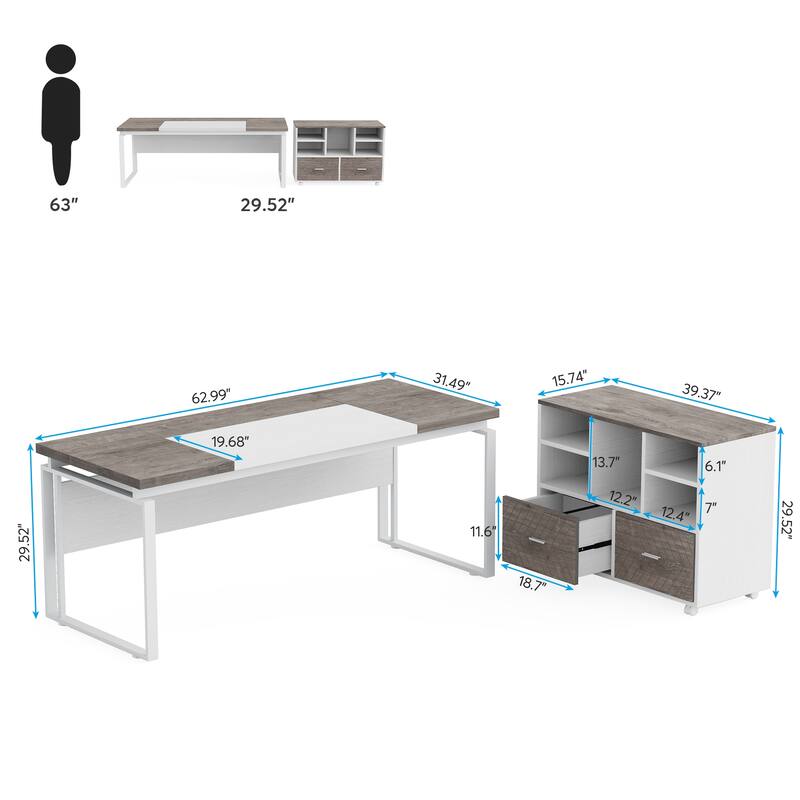 63" L-Shaped Executive Desk with Reversible File Cabinet Office Desk with Storage Drawers
