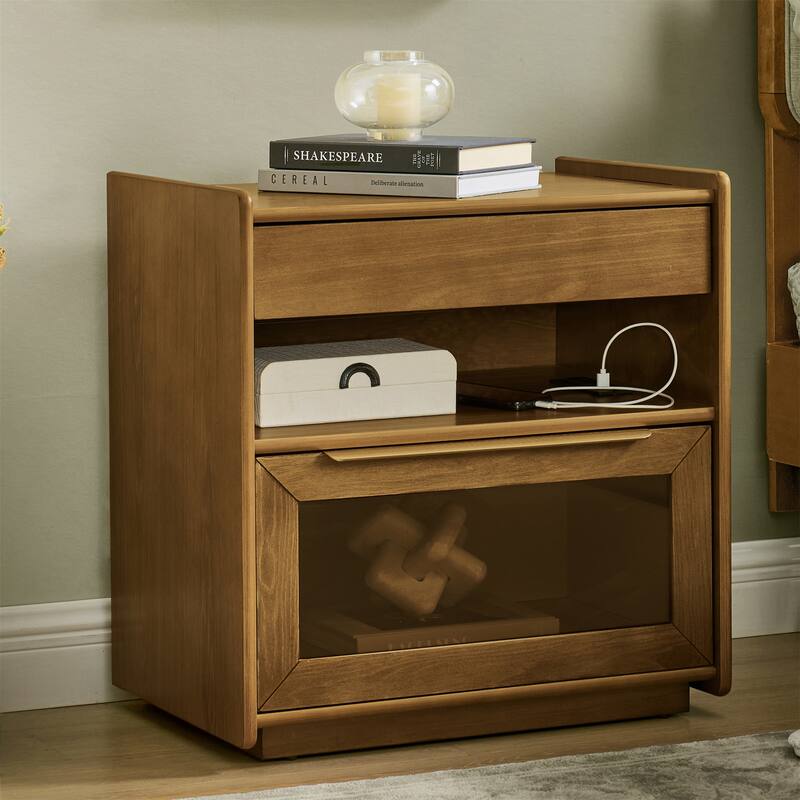 Modern Nightstand with Charging Station,Outlet Hole and Open Shelf