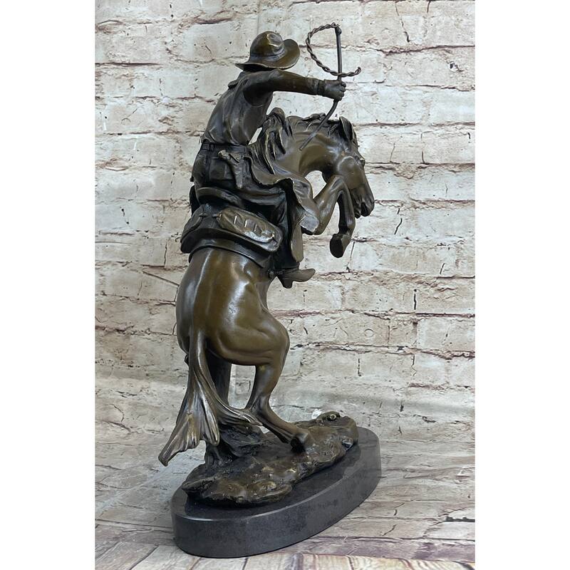 Bronco Buster Frederic Remington Western Bronze Statue Sculpture Marble Base 17 Inches X 15 Inches